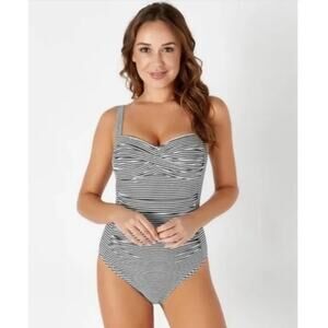 Bond-Eye Australia One Piece Ruched Shirred SwimSuit Black White Stripe Size 12
